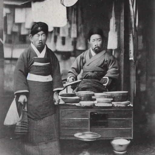 Prompt: Portrait of a 19th century Japanese gyuto trader at a Kyoto street market, 1900s photography