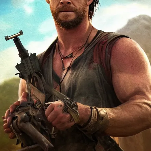 Image similar to chris hemsworth as a farcry main character, artstation hall of fame gallery, editors choice, #1 digital painting of all time, most beautiful image ever created, emotionally evocative, greatest art ever made, lifetime achievement magnum opus masterpiece, the most amazing breathtaking image with the deepest message ever painted, a thing of beauty beyond imagination or words, 4k, highly detailed, cinematic lighting