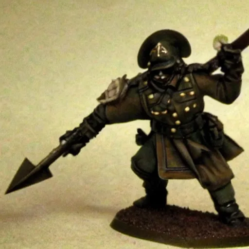 Prompt: an excited Death Korps of Kreig soldier wearing grey and wielding a shovel