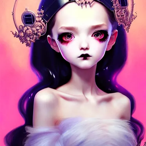 Image similar to beautiful goth princess, very cute features, brilliant glittering hair, universal volumetric lighting, soft glow, russian slasher film painting by range murata, norman rockwell, artgem, wes anderson, highly detailed intricately sharp focus, trending on pinterest, unreal engine 5 4 k uhd image