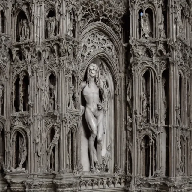 Image similar to gothic temple made of flesh, blood temple, renaissance gothic detailed angel statues, 8 0's horror movie film still, highly detailed, award - winning photography, 1 2 0 mm