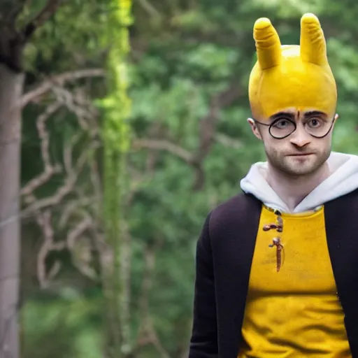 Image similar to daniel radcliffe wearing a banana costume, ultra details, photo, 8 k