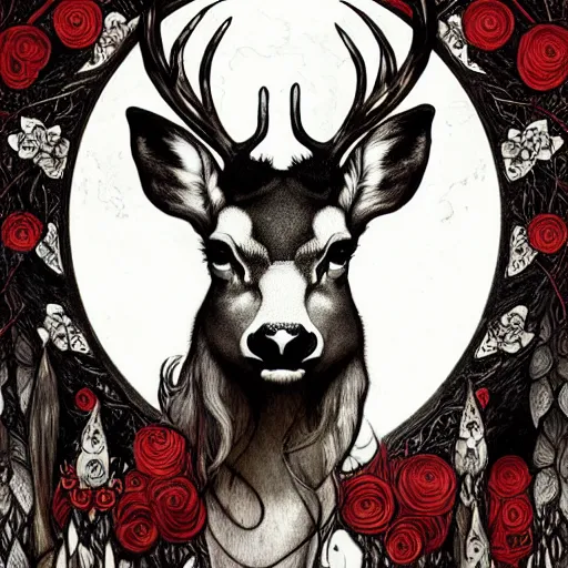 Prompt: black and white deer, with highly detailed with red flowers, long flowing mane and tail, ultra high detail, symmetry, in a hellscape, detail art style of alfons maria mucha, and peter mohrbacher atyles god lighting