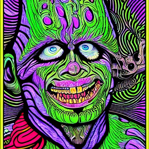 Prompt: a psychedelic godlike humanoid, hyper detailed, in the style of h. r. giger and junji ito and bob ross and lisa frank, selfie