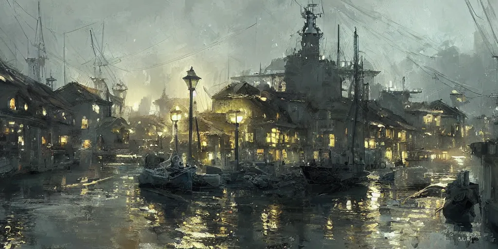 Prompt: landscape portrait of a victorian port, very detailed, cinematic lighting, digital painting by craig mullins