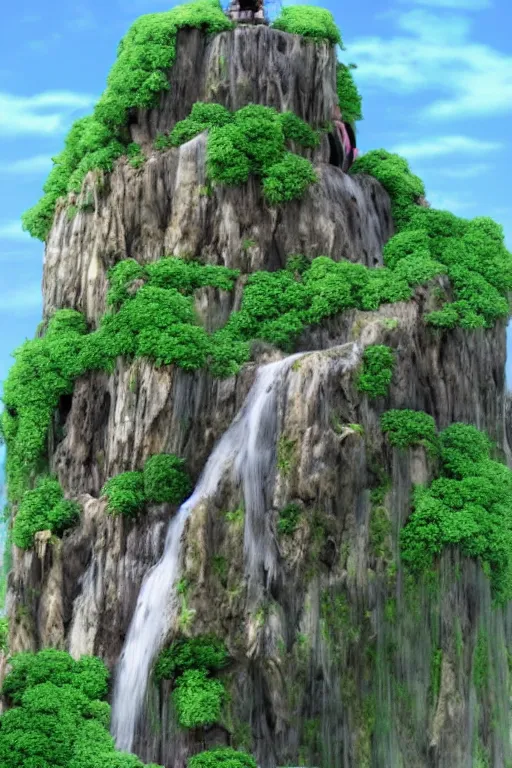 Prompt: A floating island with a very ugly waterfall