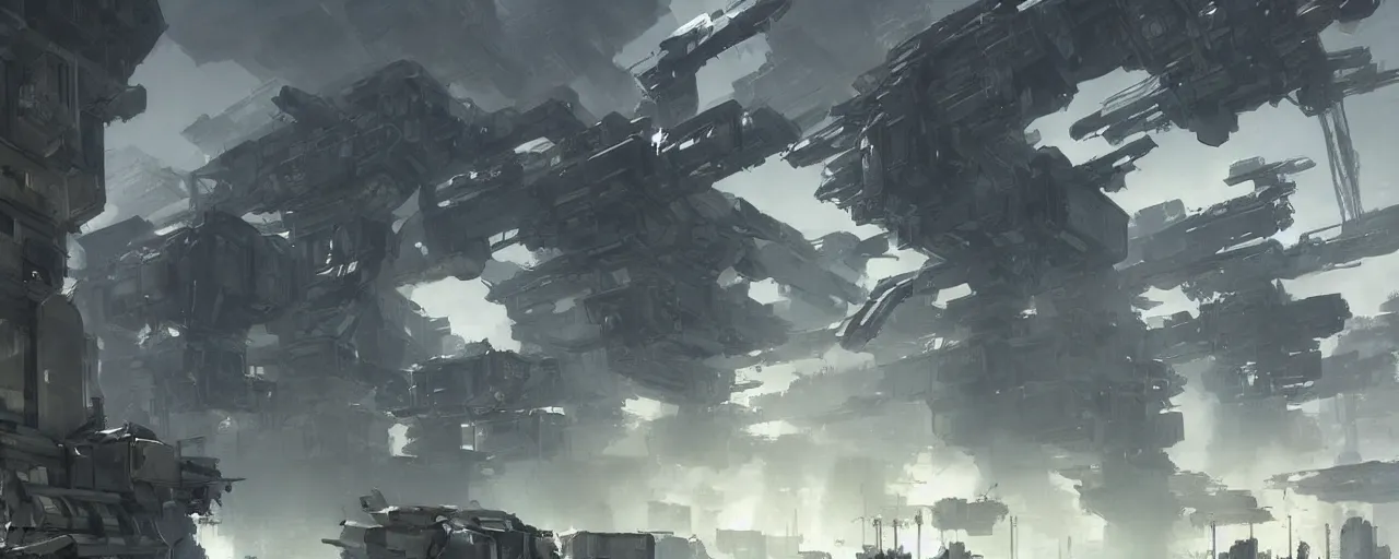 Image similar to armored core mechas battle between gigantic concrete buildings, concept art by theo prins, volumetric light, smoke