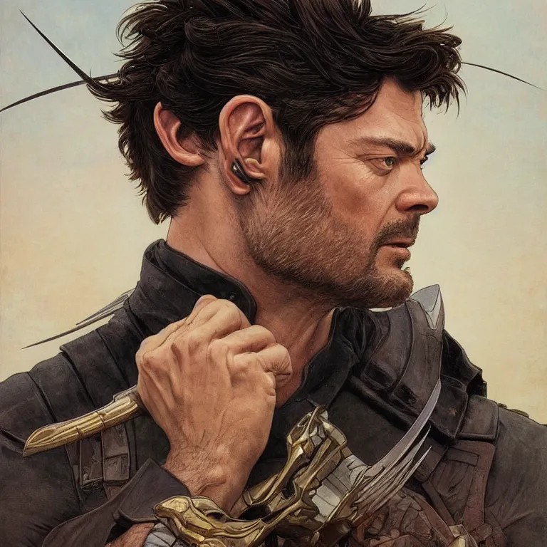 Image similar to Karl Urban as Wolverine, highly detailed, digital painting, artstation, concept art, smooth, sharp focus, illustration, ArtStation, art by artgerm and greg rutkowski and alphonse mucha and J. C. Leyendecker and Edmund Blair Leighton and Katsuhiro Otomo and Geof Darrow and Phil hale and Ashley wood and Ilya repin and Charlie Bowater