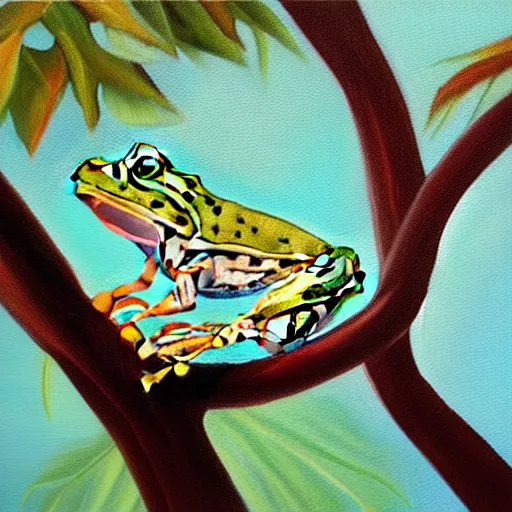 Prompt: beautiful oil painting of common frog sitting on a tree, day light, sunlight swamp, award - winning, matte,