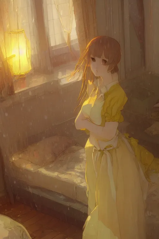 Image similar to a girl in a maid's outfit in the bedroom a night, raining outside the window, yellow theme, wavy white long hair, by krenz cushart and mucha and akihito yoshida and greg rutkowski and makoto shinkai, 4 k resolution