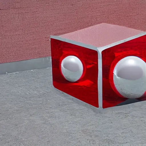 Prompt: chrome spheres on a red cube, forced perspective