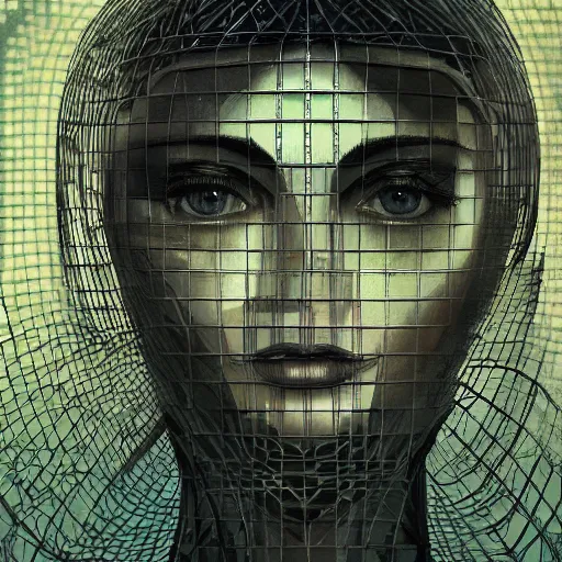 Prompt: detailed face of an arabic woman, opulent wireframe courtyard, moment, tectonic sky, skydome, reactor, utopian, tech noir, wet reflections, prism, atmospheric, ambient, pj crook, syd mead, livia prima, artgerm, greg rutkowski, nick alm, casey baugh