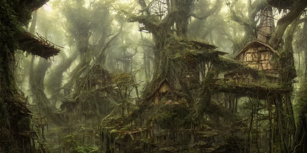 Image similar to a suspended village built with wood and bridges high up a dense forest with many giant tall and large trees, ultra detailed, concept art, game art, matte painting, by tomasz alen kopera and peter mohrbacher, and michel - ange, artstation 8 k, greg rutkwowski, alphonse mucha, studio ghibli, wlop