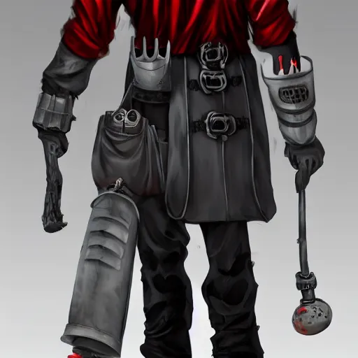 Image similar to extremely musuclar gothic firefighter detective in a dark armored trenchcoat tucked into his pants, futuristik knight, with grey skin in a long coat undead grey cloaked, sharply dressed, gas mask, bald, red sleeves, dark undershirt, belts, high boots, highly detailed, artstation