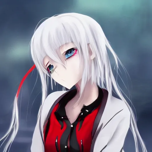 Image similar to white hair, red eyes, two small horn on the head, anime style, anime girl