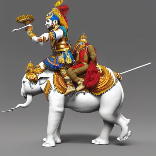 Prompt: A 3d model of a hindu warrior riding a majestic white elephant, artstation, concept art