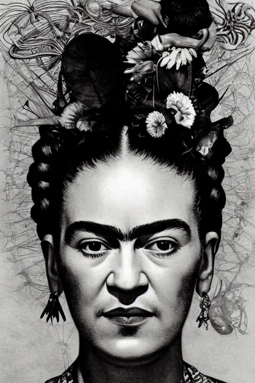 Prompt: realistic detailed portrait of frida kahlo by denis villeneuve, amano, yves tanguy, alphonse mucha, ernst haeckel, max ernst, roger dean, ridley scott, dynamic closeup