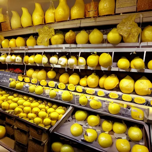 Prompt: a store full of lemons, bread lemons, lemon drinks, lemon dog, lemon cat, 8 k resolution, digital art