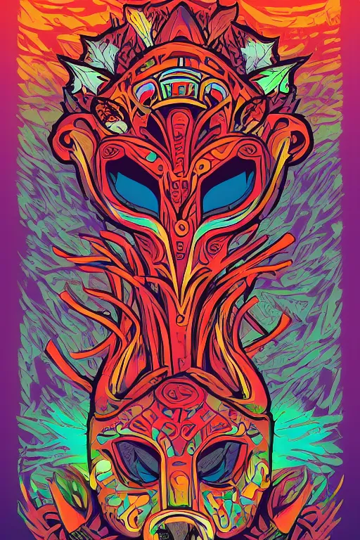 Image similar to animal mask totem roots flower tribal feather gemstone plant wood rock shaman vodoo video game vector cutout illustration vivid multicolor borderlands comics by josan gonzales and dan mumford radiating a glowing aura