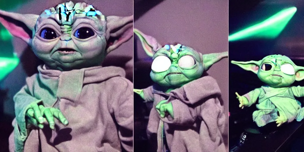Image similar to baby yoda sings karaoke down at the local pub, rgb ambient lighting, dramatic lighting, style of mandalorian ( tv show ), rougue one ( film ), buzz lightyear ( film ), space odyssey 2 0 0 1 ( film )