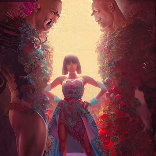 Image similar to feminine dwayne johnson in intricate clothing by ross tran, walking in a castle painted by sana takeda, rtx reflections, very high intricate details, digital anime art, medium shot, mid - shot, composition by ilya kuvshinov, lighting by greg rutkowski