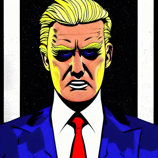 Image similar to character portrait inspired by max headroom and donald trump, digital art work made in comic art style, highly detailed macabre face, realistic