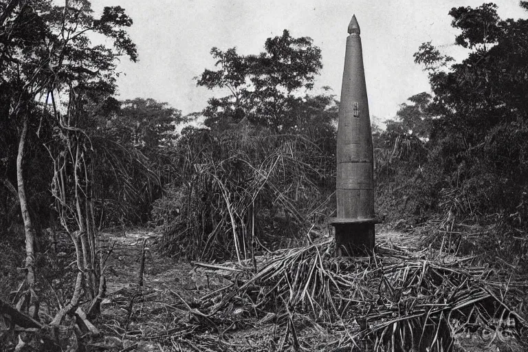 Prompt: a 1 9 0 5 colonial closeup photograph of a wooden moon rocket in a village at the river bank of congo, thick jungle, scary, evil looking, wide angle shot