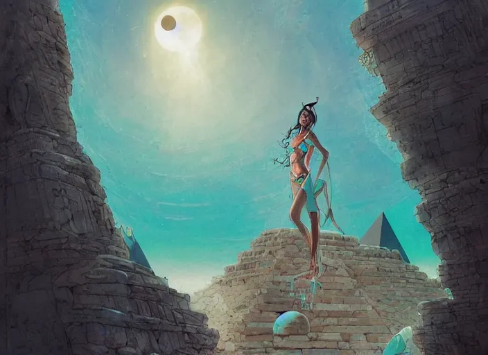 Image similar to lee jin - eun in luxurious dress emerging from turquoise water in egyptian pyramid city during an eclipse by peter mohrbacher, conrad roset, m. k. kaluta, martine johanna, rule of thirds, elegant look, beautiful, chic, face anatomy, cute complexion