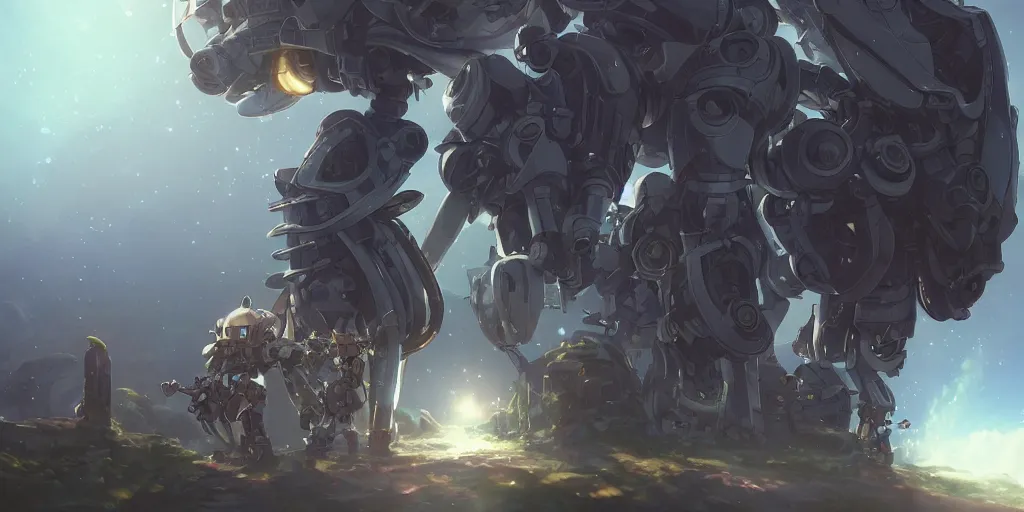 Prompt: a robot mech from made in abyss by akihito tsukushi, backlight, rim lighting, deep focus, d & d, fantasy, intricate, elegant, highly detailed, digital painting, artstation, concept art, matte, sharp focus, illustration, hearthstone, art by artgerm and greg rutkowski and alphonse mucha