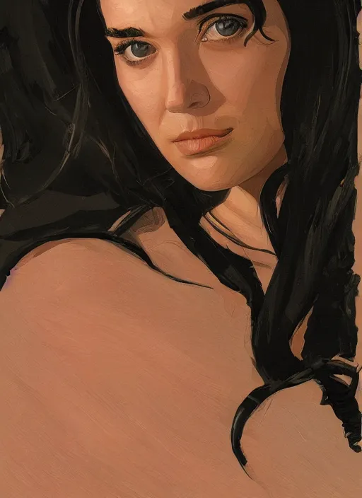 Image similar to detailed artwork by phil noto ; stylized painting of young jennifer connelly ; gal gadot ; eva green ; young jennifer connelly from the rocketeer ; brush texture ; asymmetric composition ; paint texture ; trending on artstation ; gallery painting by phil noto, comic style