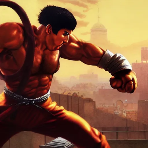 Prompt: freddy mercury as ryu street fighter, action shot, ultra realistic, concept art, intricate details, highly detailed, photorealistic, octane render, 8 k, unreal engine, art by frank frazetta, simon bisley, brom