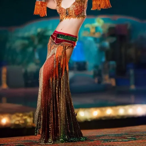 Image similar to a full body shot of emma stone as a belly dancer, arabian night, high quality, fully detailed, 4 k