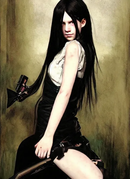 Image similar to a 1 6 year old girl eveline from resident evil 7 with straight long black hair wearing black dress that sitting on bathroom floor, photo for vogue, model エリサヘス s from acquamodels, art by artgem, greg rutkowski and alphonse mucha