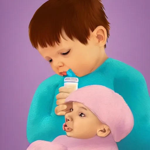 Image similar to digital art of a baby drinking milk from a baby bottle with great contentment.