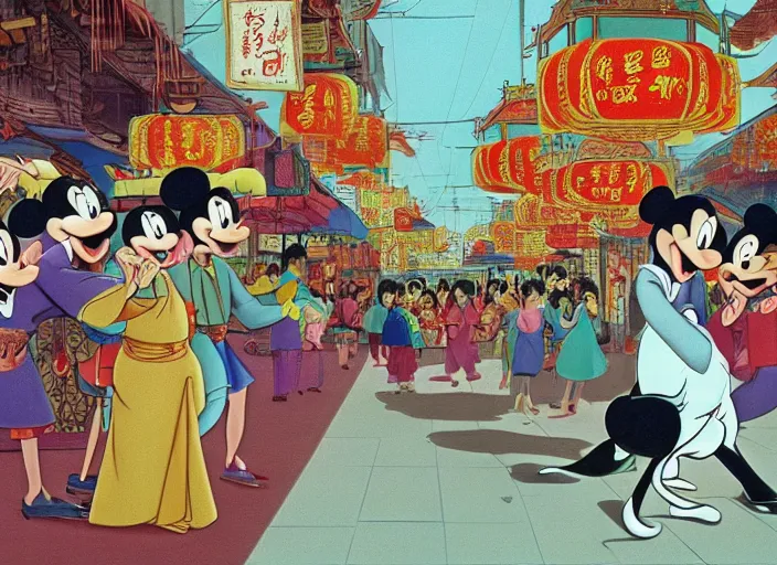 Prompt: a film still from the animation the chinese market ( 1 9 8 0 ) directed by walt disney, oscar winning animation, award winning