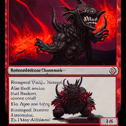 Image similar to a highly detailed red and black obsidian volcanic goblin, like magic the gathering, goblin chainwalker, with a volcano in the background ” w 7 6 8