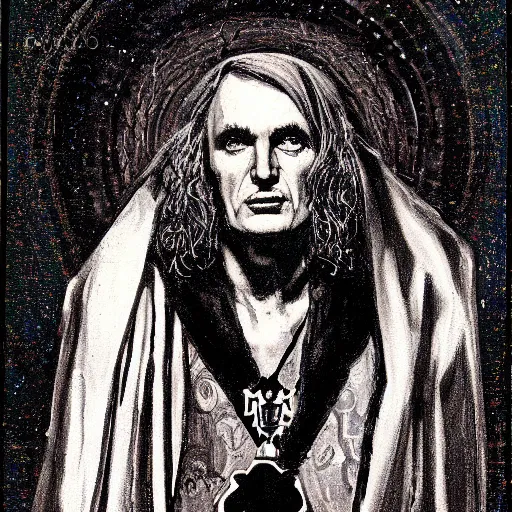 Image similar to portrait of richard dawkins as satanic high priest, by basil gogos