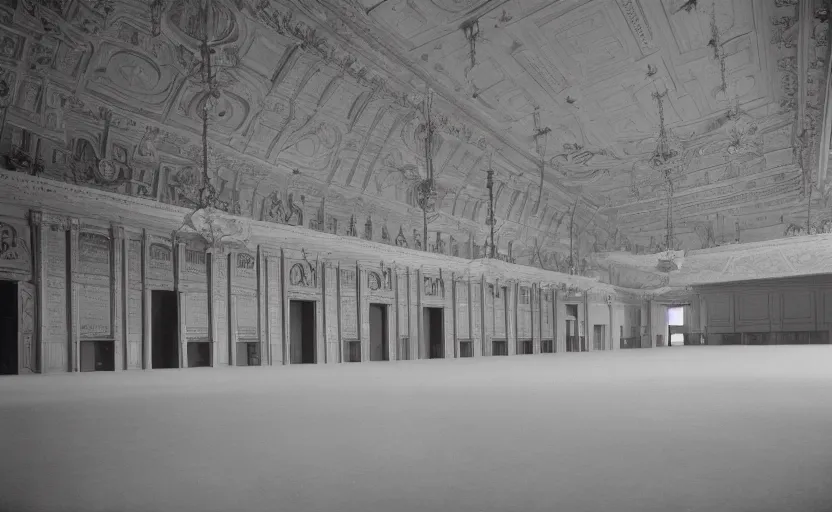 Image similar to 60s movie still of a giant stalinist style empty palace hall, by Irving Penn , cinestill 800t 35mm eastmancolor, heavy grainy picture, very detailed, high quality, 4k, HD criterion, precise texture, panoramic, cinematic