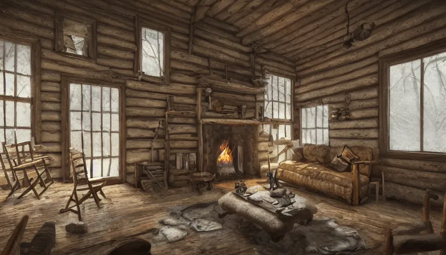 Image similar to Interior of an old cabin built in the snowy forest, small windows, fire in the fireplace, shelf of books, old couch, snowing outside, hyperdetailed, artstation, cgsociety, 8k