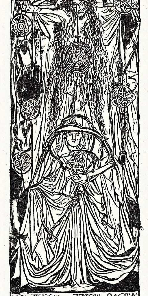 Prompt: seven of pentacles tarot card by austin osman spare, low contrast