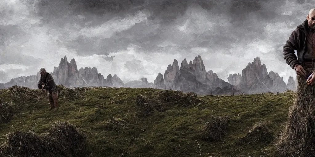 Image similar to alpine farmer transforming into a monster ,roots and hay coat, dolomites in background, dark, eerie, despair, portrait photography, artstation, digital art, concept art, artstation, highly detailed, sharp focus, by caravaggio