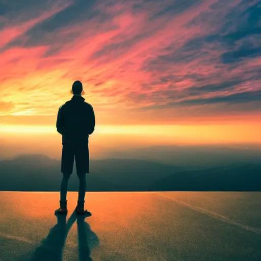 Image similar to A man stands on a mountaintop, looking into the horizon, magical, impressive, infinity, sunset light, Atmospheric phenomenon, artistic photography, muted colors, conceptual