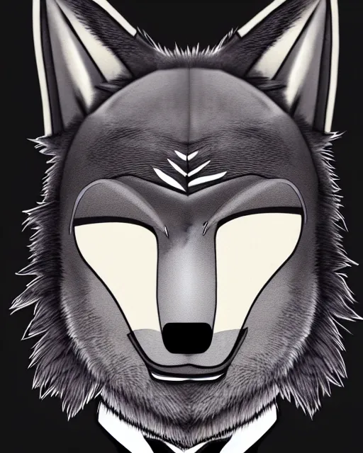 Prompt: a man in a suit and tie with a wolf mask on, a character portrait by kamagurka, extremely detailed, trending on deviantart, furry art, furaffinity, behance hd, official art