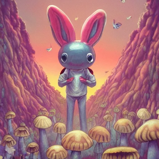 Image similar to 4 k headshot portrait of a psychedelic demonic anthropomorphic bunny rabbit with mushroom themed clothes, magic mushroom village in background. award winning. superb resolution. in the art style of junji ito and greg rutkowski. detailed mushroom city in background. hyper realistic anime. perfect art. dalle 2