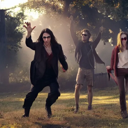 Prompt: <movie still mid-gesture attention-grabbing hd dslr>vampires in the sun show how cool they look</movie>