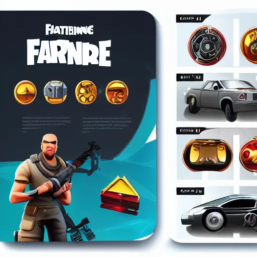 Image similar to car engine, car parts concept, card, comic page, realistic fortnite, ui card