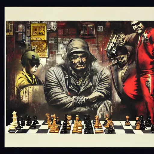 Image similar to chess and politics by an anarchist, by karol bak, banksy, simon bisley, guy denning, mimmo rotella, ravi zupa