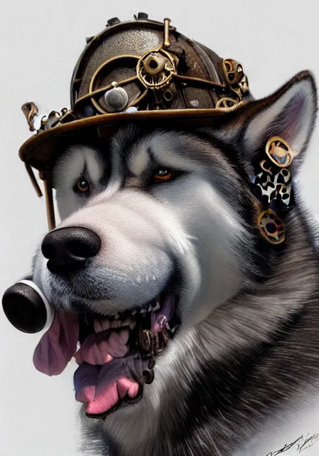 Image similar to hyper realistic ultra - detailed portrait of alaskan malamute face, steampunk hat with goggles and gears, upper body, detective coat, sharp focus, illustration, fantasy style, octane render, concept art, smooth, volumetric lighting, 8 k high definition, intricate, wide shot, by greg rutkowski, highly detailed, trending on art station