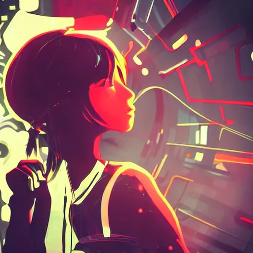 Image similar to Frequency indie album cover, luxury advertisement, red filter, yellow and black colors. highly detailed post-cyberpunk sci-fi close-up schoolgirl in asian city in style of cytus and deemo, mysterious vibes, by Ilya Kuvshinov, by Greg Tocchini, nier:automata, set in half-life 2, beautiful with eerie vibes, very inspirational, very stylish, with gradients, surrealistic, dystopia, postapocalyptic vibes, depth of field, mist, rich cinematic atmosphere, perfect digital art, mystical journey in strange world, beautiful dramatic dark moody tones and studio lighting, shadows, bastion game, arthouse