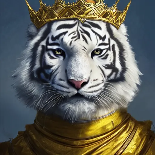 Image similar to artwork of a white tiger king with gold crown and blue king suit, concept art, super detailed, 4 k hd, trending on artstation, digital painted, low contrast, made by greg rutkowski and viktoria gavrilenko, intricate art